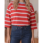 Jordyn Racing Red Striped Bow Tie Hollowed Back 7/8 Sleeve Casual T-Shirt