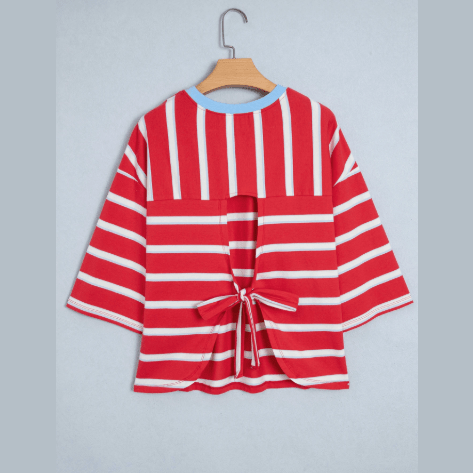 Jordyn Racing Red Striped Bow Tie Hollowed Back 7/8 Sleeve Casual T-Shirt