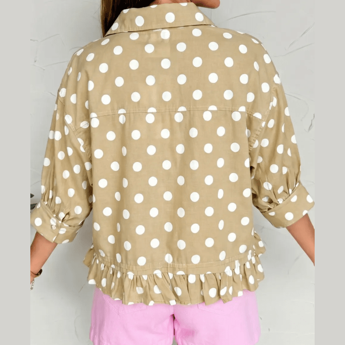 Pixie Khaki Polka Dot Print Three Quarter Sleeve Ruffle Hem Casual Shirt