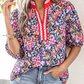 RTS Purple Ditsy Floral Print Plaid Colorblock Trim V Neck Blouse