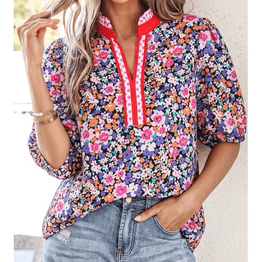 RTS Purple Ditsy Floral Print Plaid Colorblock Trim V Neck Blouse