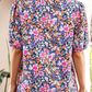 RTS Purple Ditsy Floral Print Plaid Colorblock Trim V Neck Blouse