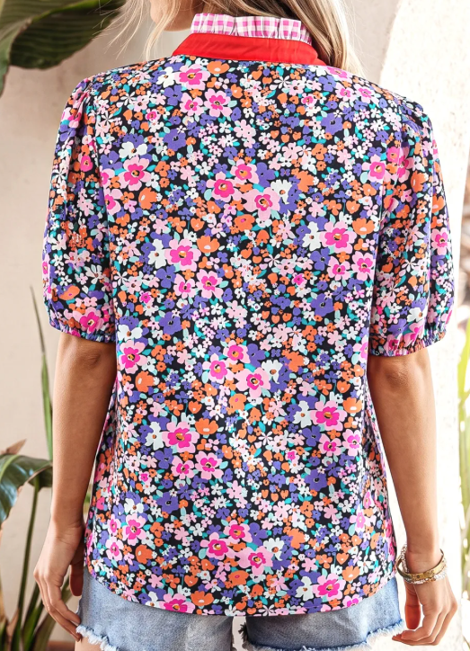 RTS Purple Ditsy Floral Print Plaid Colorblock Trim V Neck Blouse