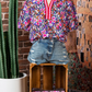 RTS Purple Ditsy Floral Print Plaid Colorblock Trim V Neck Blouse