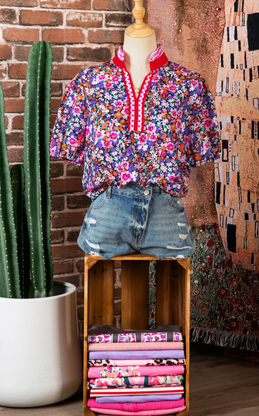RTS Purple Ditsy Floral Print Plaid Colorblock Trim V Neck Blouse