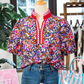 RTS Purple Ditsy Floral Print Plaid Colorblock Trim V Neck Blouse