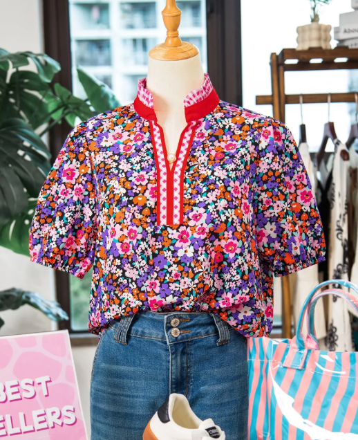 RTS Purple Ditsy Floral Print Plaid Colorblock Trim V Neck Blouse