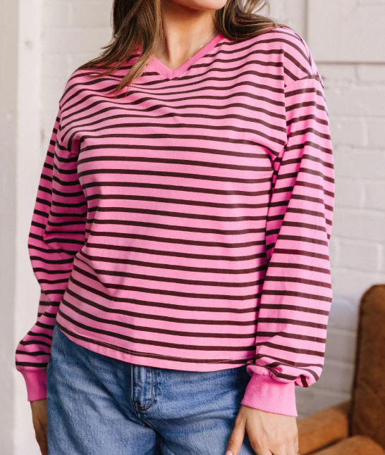 Ashtyn Pink Stripe V Neck Drop Shoulder Long Sleeve Top
