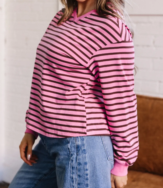 Ashtyn Pink Stripe V Neck Drop Shoulder Long Sleeve Top