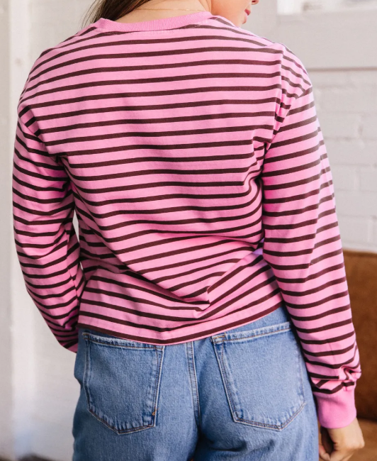 Ashtyn Pink Stripe V Neck Drop Shoulder Long Sleeve Top