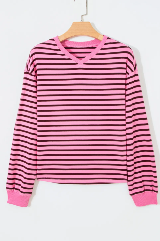Ashtyn Pink Stripe V Neck Drop Shoulder Long Sleeve Top