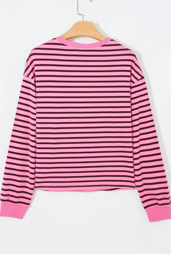 Ashtyn Pink Stripe V Neck Drop Shoulder Long Sleeve Top