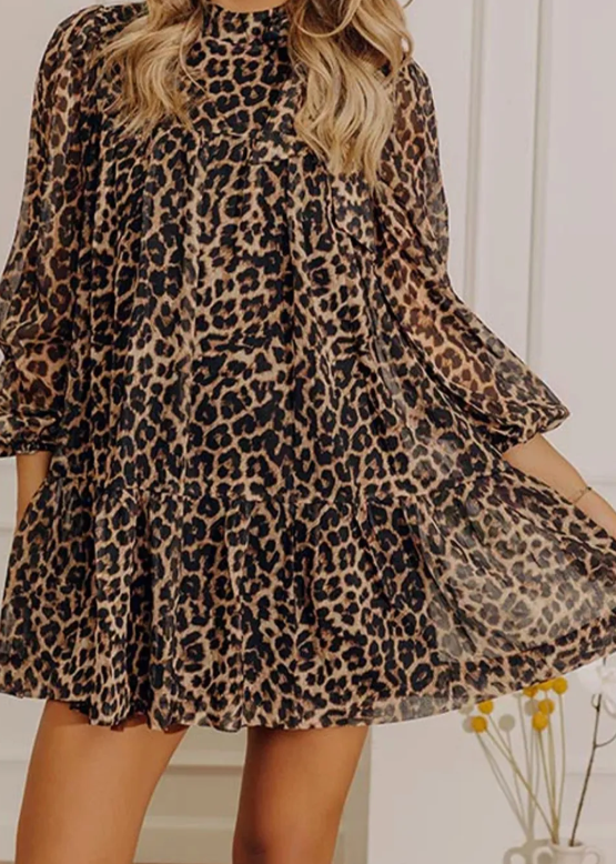 Maysie Brown Leopard Print Long Sleeve Short Shift Dress