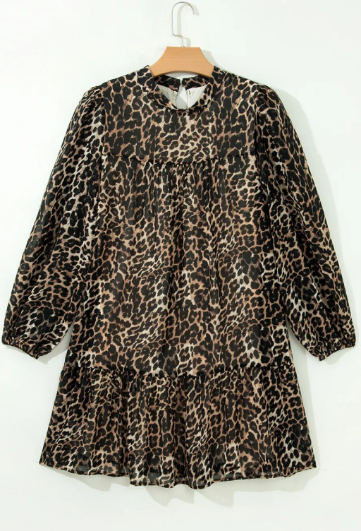 Maysie Brown Leopard Print Long Sleeve Short Shift Dress