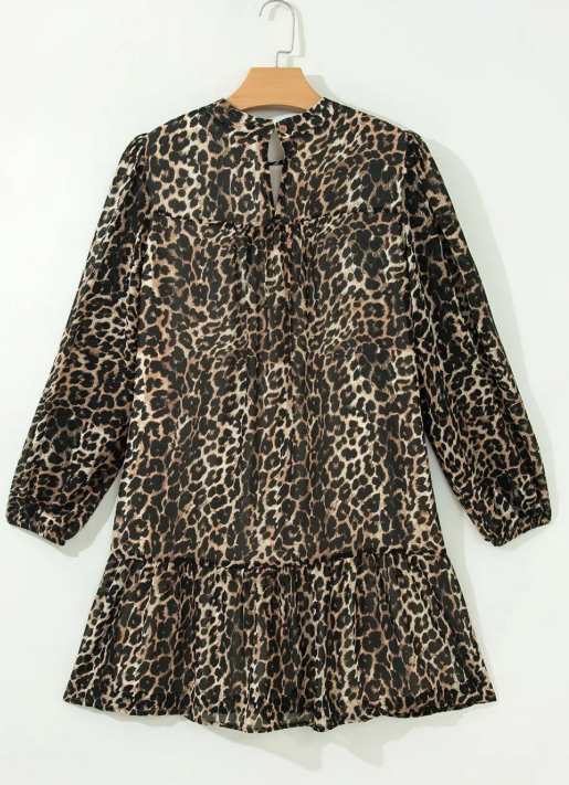 Maysie Brown Leopard Print Long Sleeve Short Shift Dress
