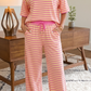 Lolo Pink Stripe Colorblock Trim Crew Neck Loose Tee Drawstring Elastic Waist 2pcs Pant Set