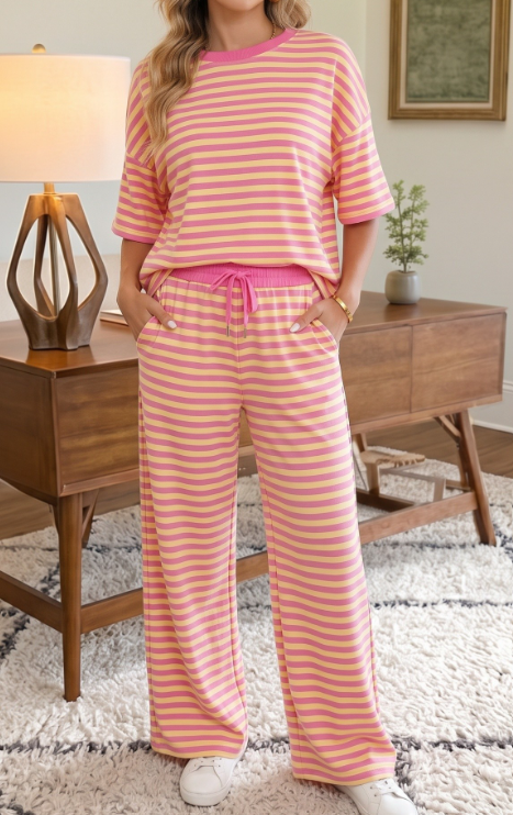 Lolo Pink Stripe Colorblock Trim Crew Neck Loose Tee Drawstring Elastic Waist 2pcs Pant Set