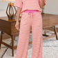 Lolo Pink Stripe Colorblock Trim Crew Neck Loose Tee Drawstring Elastic Waist 2pcs Pant Set