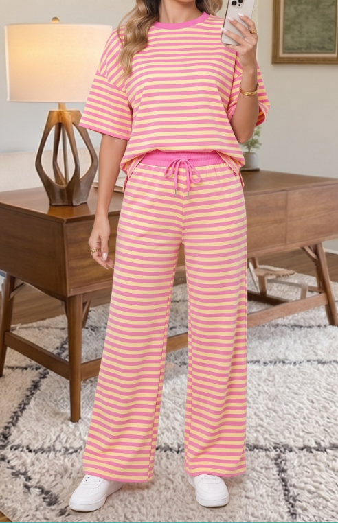 Lolo Pink Stripe Colorblock Trim Crew Neck Loose Tee Drawstring Elastic Waist 2pcs Pant Set