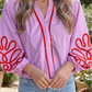 Valerie Orchid Bouquet Contrast Detail Long Sleeve Decorative Neckline Cotton Blouse