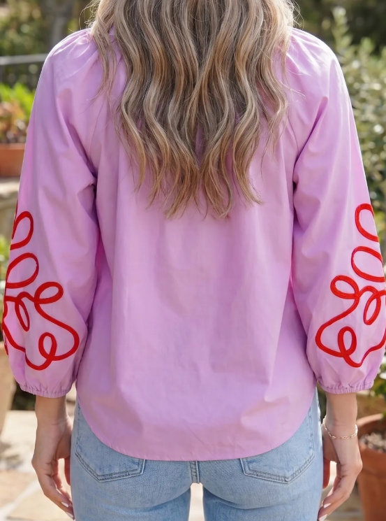 Valerie Orchid Bouquet Contrast Detail Long Sleeve Decorative Neckline Cotton Blouse