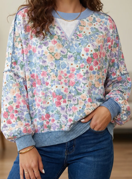 Kamryn Floral Print Round Neck Long Sleeve Top