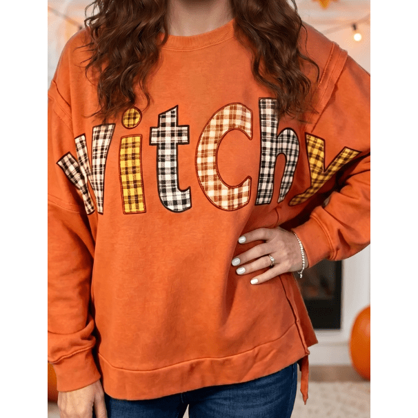 Halloween Witchy Plaid Slogan Embroidered Patch Tunic Sweatshirt