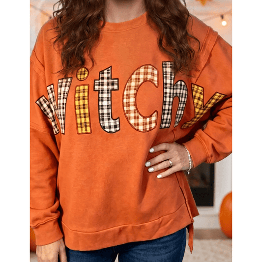 Halloween Witchy Plaid Slogan Embroidered Patch Tunic Sweatshirt