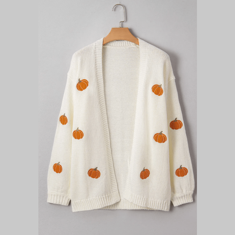 White Pumpkin Print Open Front Drop Shoulder Midi Cardigan