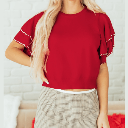 Analisa Racing Red Pearl Embellished Double Ruffle Short Sleeve Sweater