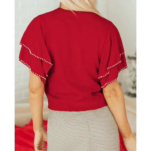 Analisa Racing Red Pearl Embellished Double Ruffle Short Sleeve Sweater