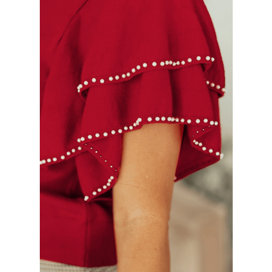 Analisa Racing Red Pearl Embellished Double Ruffle Short Sleeve Sweater