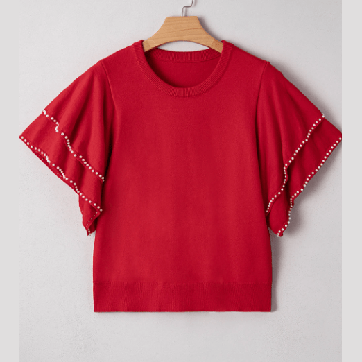 Analisa Racing Red Pearl Embellished Double Ruffle Short Sleeve Sweater