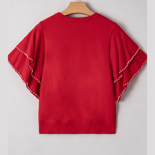 Analisa Racing Red Pearl Embellished Double Ruffle Short Sleeve Sweater