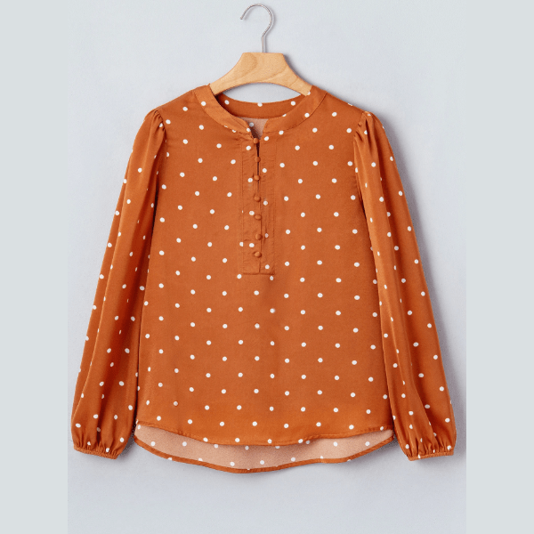 Caitlyn Brown Polka Dot Half Button V Neck Long Sleeve Blouse