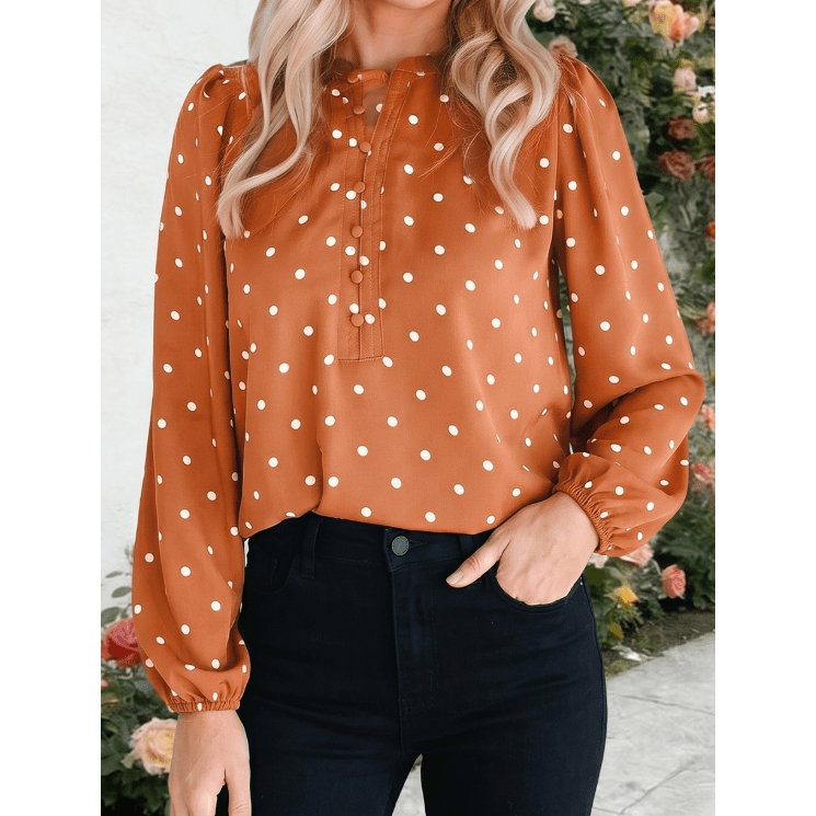 Caitlyn Brown Polka Dot Half Button V Neck Long Sleeve Blouse