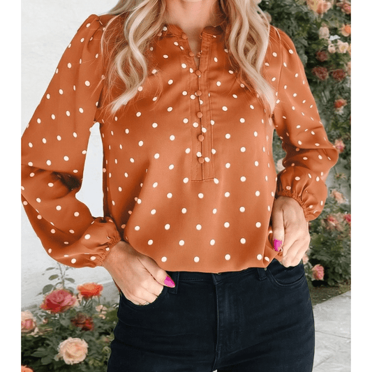 Caitlyn Brown Polka Dot Half Button V Neck Long Sleeve Blouse