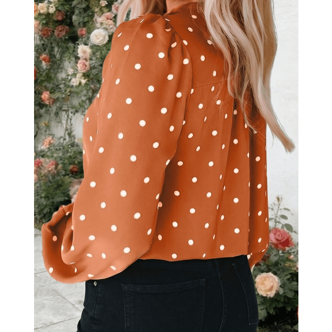 Caitlyn Brown Polka Dot Half Button V Neck Long Sleeve Blouse