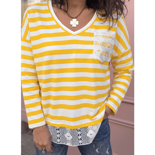 Mambi Yellow Stripe Striped Lace Patchwork V Neck Long Sleeve Top