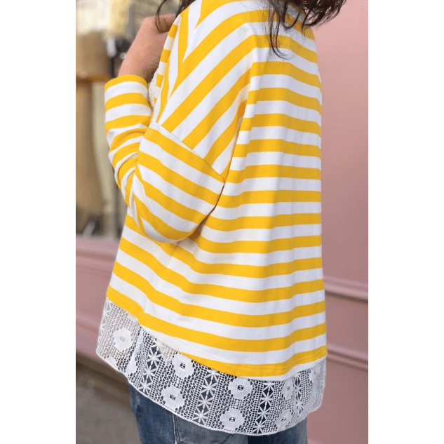 Mambi Yellow Stripe Striped Lace Patchwork V Neck Long Sleeve Top