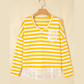 Mambi Yellow Stripe Striped Lace Patchwork V Neck Long Sleeve Top