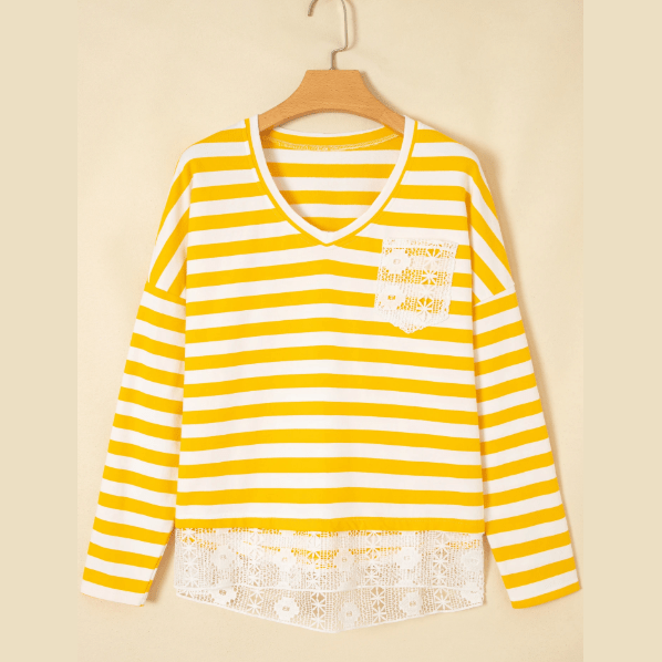 Mambi Yellow Stripe Striped Lace Patchwork V Neck Long Sleeve Top