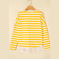 Mambi Yellow Stripe Striped Lace Patchwork V Neck Long Sleeve Top