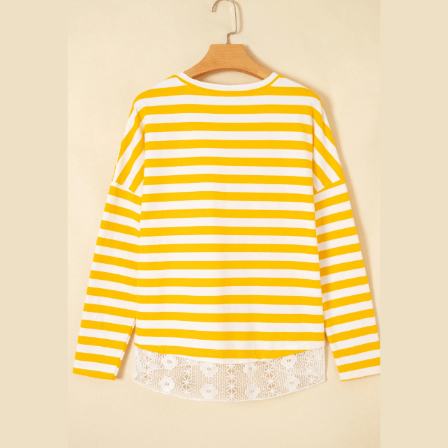 Mambi Yellow Stripe Striped Lace Patchwork V Neck Long Sleeve Top