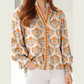 Larabee Orange Floral Print Contrast Detail V Neck Long Sleeve Blouse