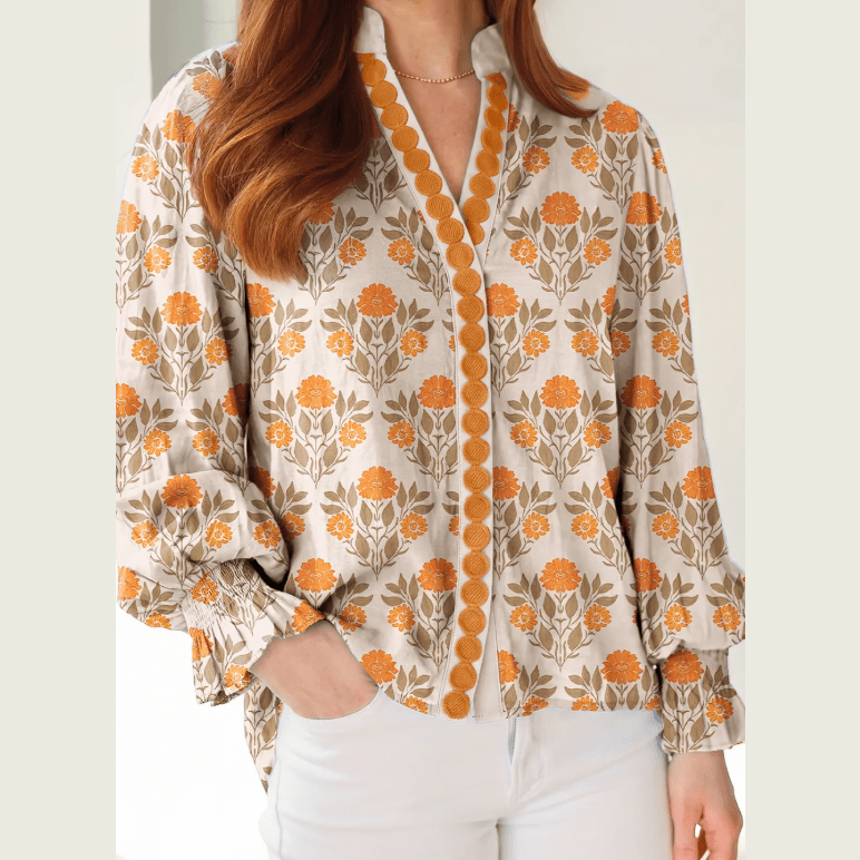 Larabee Orange Floral Print Contrast Detail V Neck Long Sleeve Blouse