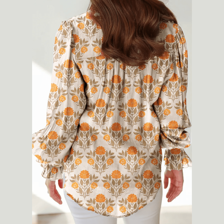 Larabee Orange Floral Print Contrast Detail V Neck Long Sleeve Blouse