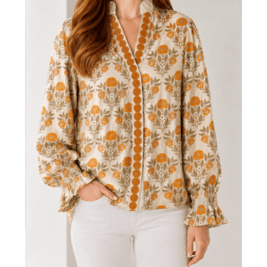 Larabee Orange Floral Print Contrast Detail V Neck Long Sleeve Blouse