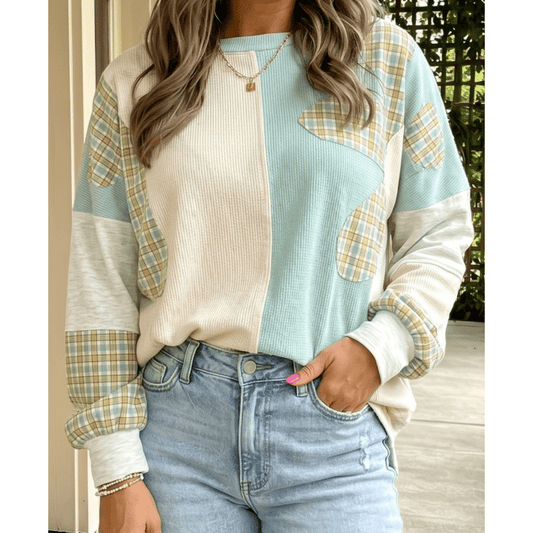 Ronny Light Blue Plaid Patchwork Round Neck Long Sleeve Top