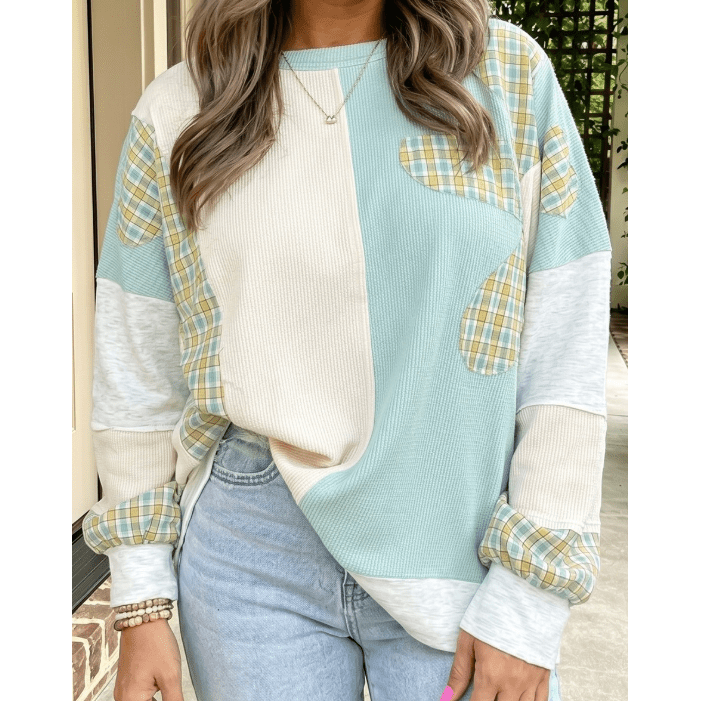 Ronny Light Blue Plaid Patchwork Round Neck Long Sleeve Top